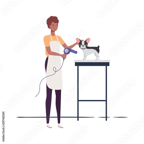young woman with dog in pet groomer