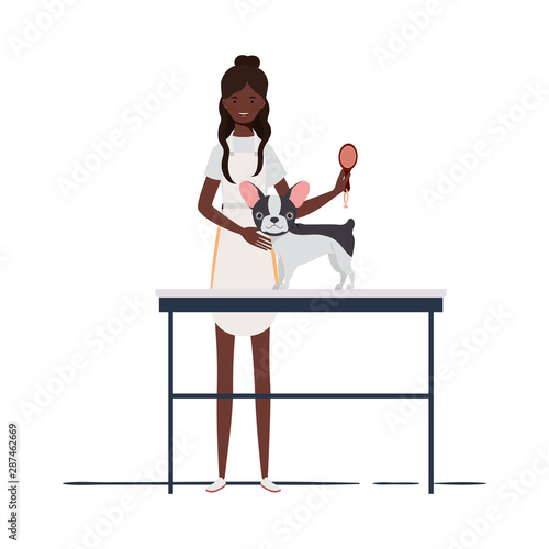 young woman combing a dog in pet groomer