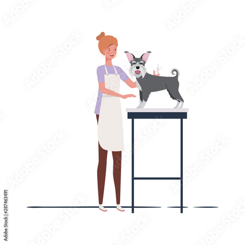 young woman with dog in pet groomer