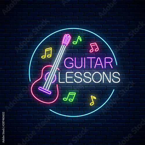 Guitar lessons glowing neon poster or banner template. Guitar training advertising flyer with circle frame in neon style