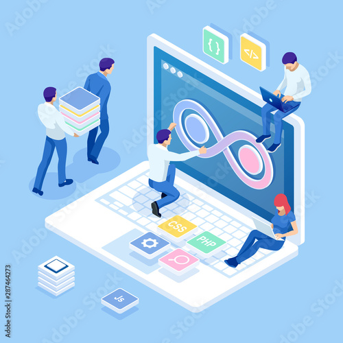 Isometric technology process of Software development. Web development and coding. Cross platform development website.