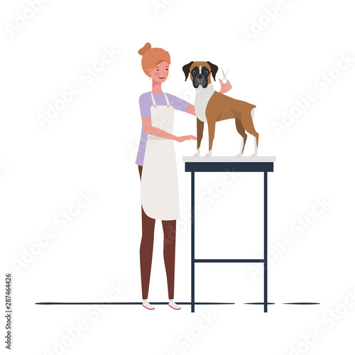 young woman with dog in pet groomer