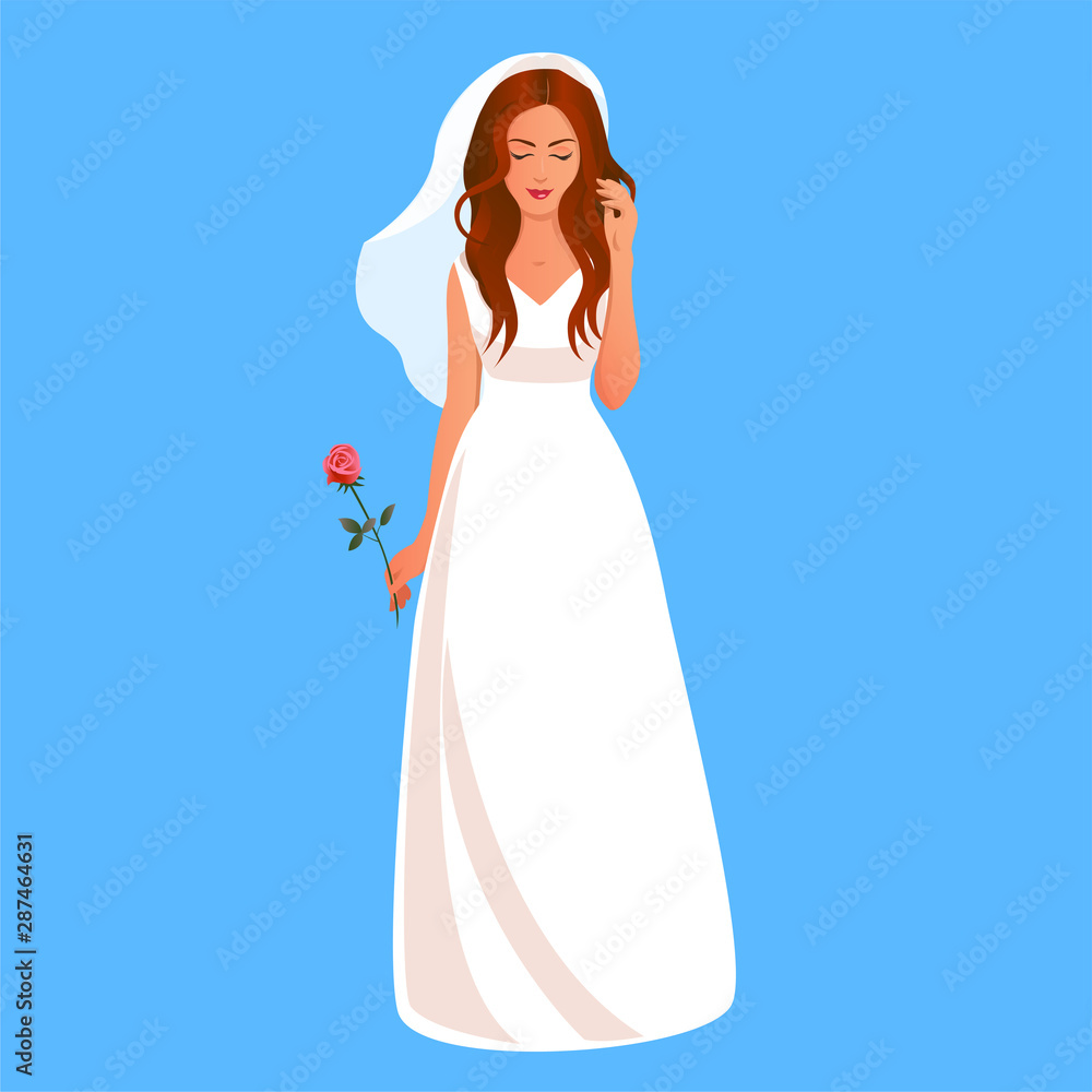 A beautiful brunette bride in a white wedding dress with a veil stands with a rose in her hand. Vector illustration on a blue background. A beautiful brunette bride in a white wedding dress with a veil stands with a rose in her hand. Vector illustration on a blue background.