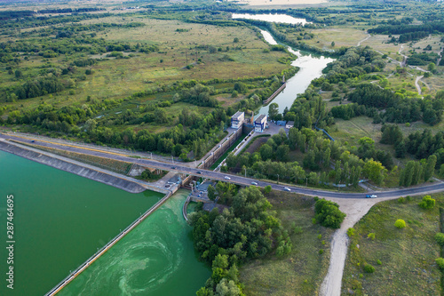 Ship gateway or lock for launching ships on river, aerial view from drone