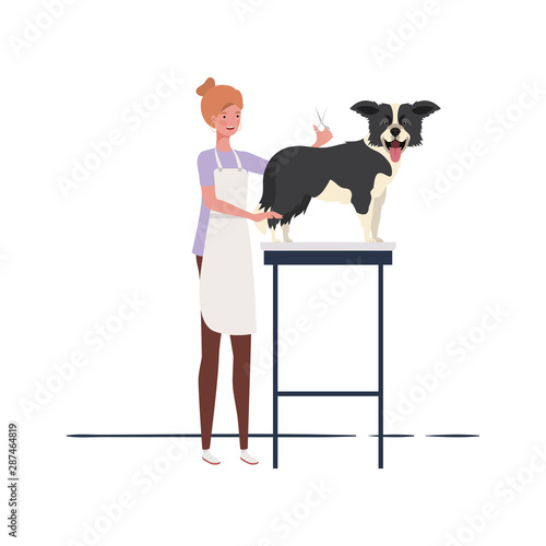 young woman with dog in pet groomer