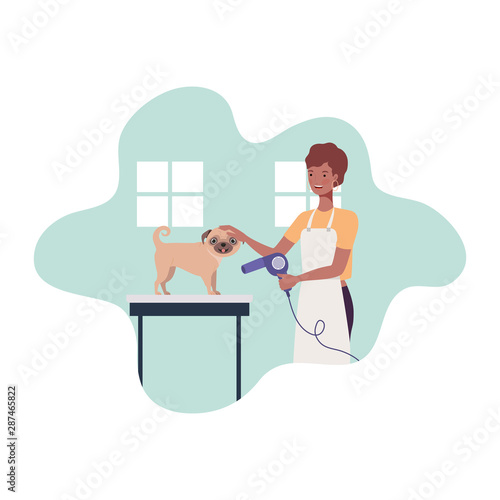 young woman with dog in pet groomer