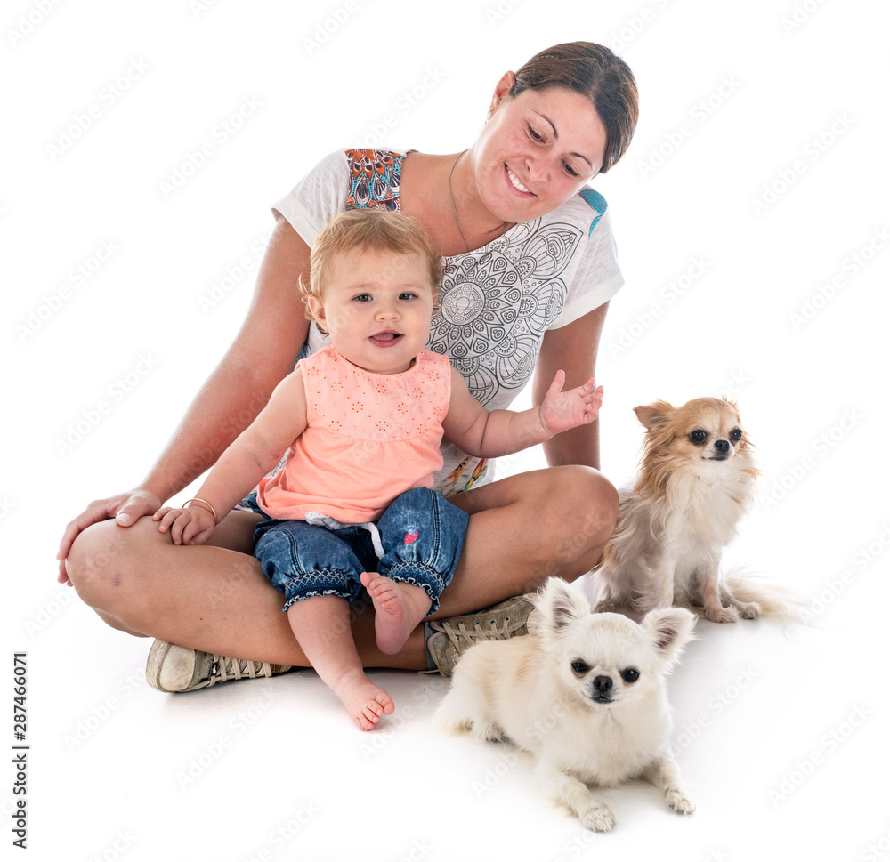 child, mother and dog