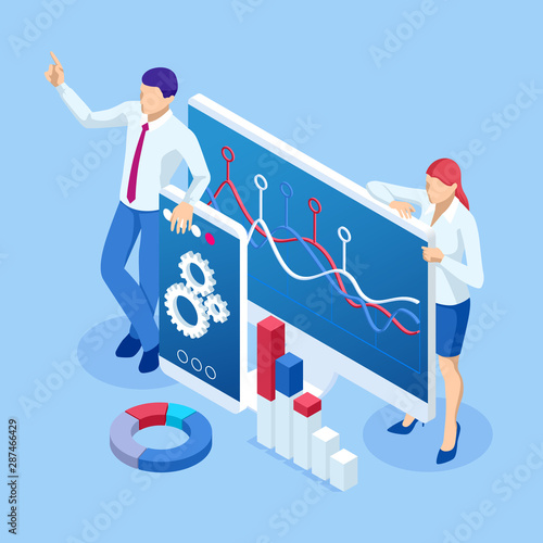 Isometric Expert team for Data Analysis, Business Statistic, Management, Consulting, Marketing, Financial administration, Audit, business statement concept.