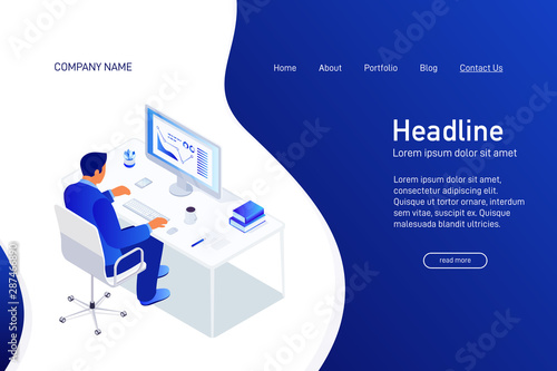 Landing page with isometric concept man work with business statistics