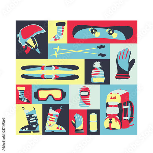 A group of cards with images of winter tourism accessories in the mountains.