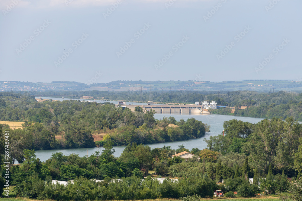 landscape of Rhone river and Avignon dam, Provence, Southern France, Europe