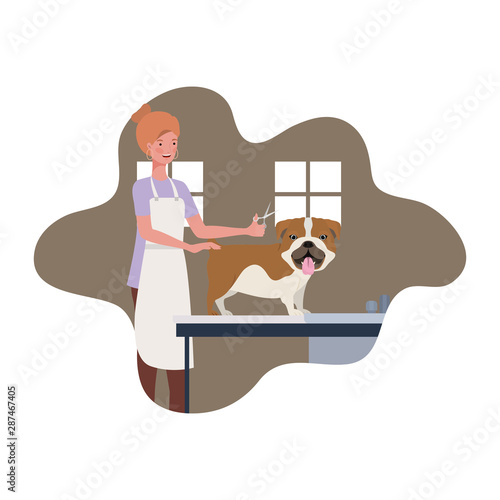 young woman with dog in pet groomer