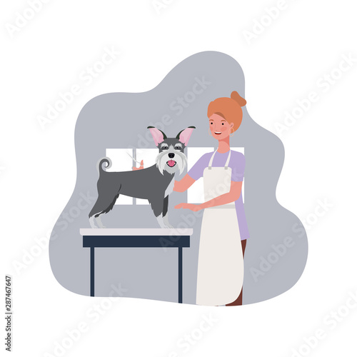 young woman with dog in pet groomer