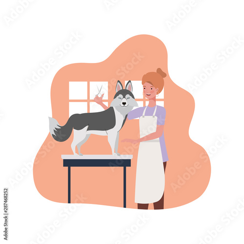 young woman with dog in pet groomer