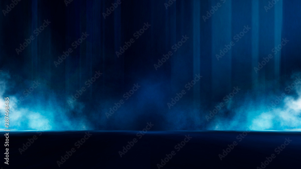 Empty dark, winter scene with snowflakes, winter dark background. Abstract snow, blizzard. Abstract light, rays, snow. Winter night.