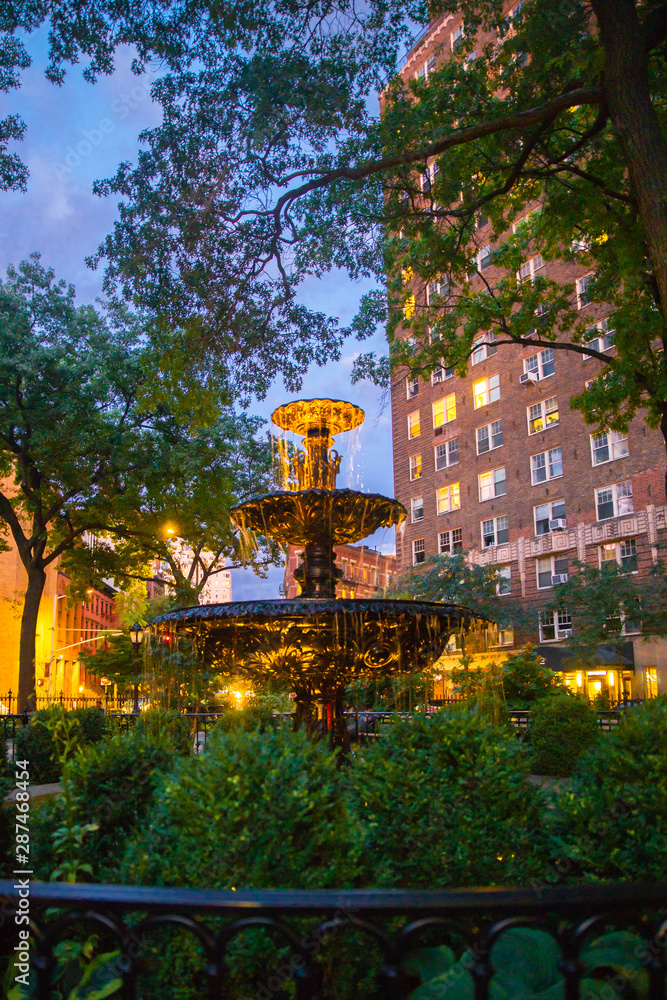 View of Jackson Square Park fountain in Greenwich Village at night