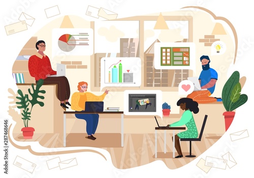 Workers in Office Sitting on Table Develop Project. Employees in Office. Digital Marketing. Vector Illustration. Business Team. Office Interior. Teamwork. Achieve Goal. Explore Chart Performance.