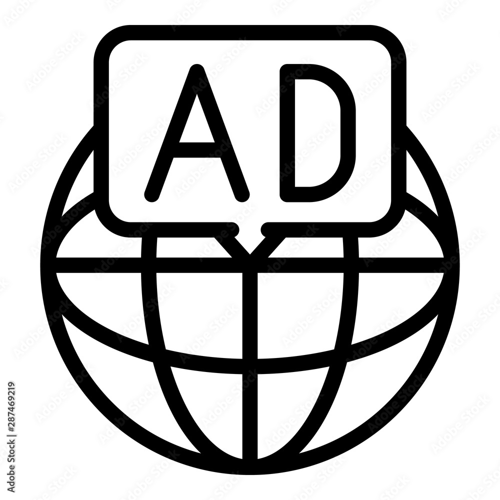 Globe and advertising icon. Outline globe and advertising vector icon for web design isolated on white background Globe and advertising icon. Outline globe and advertising vector icon for web design isolated on white background