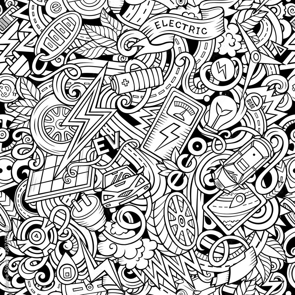 Cartoon cute doodles hand drawn Electric vehicle seamless pattern