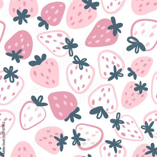 Strawberry vector seamless pattern. Berries in a simple hand-drawn Scandinavian style. Illustration in limited pastel colors ideal for printing on fabric, wrapping paper.