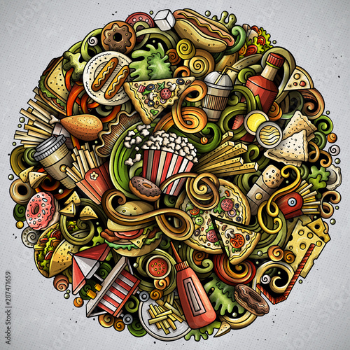 Fastfood hand drawn doodles round illustration. Fast food poster design
