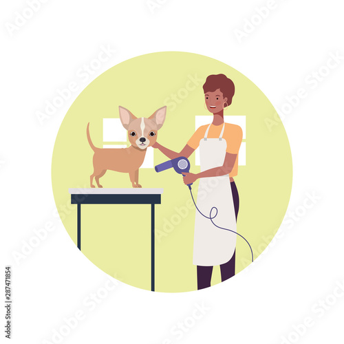young woman with dog in pet groomer