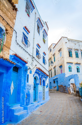 Beautiful street of blue medina in city Chefchaouen,  Morocco, Africa. © Olena Zn