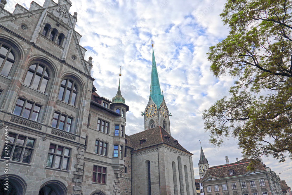 Stadthaus Zürich (government building) and Fraumünster Church, shot in Zürich, Switzerland.