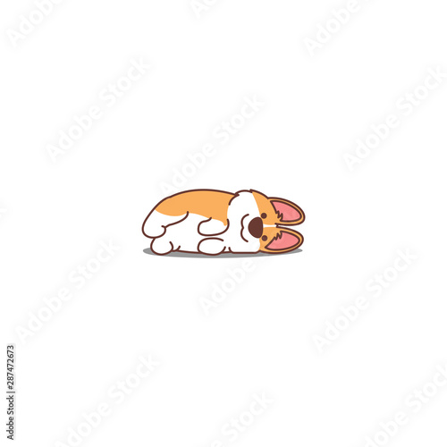 Lazy corgi puppy lying down on side cartoon icon, vector illustration