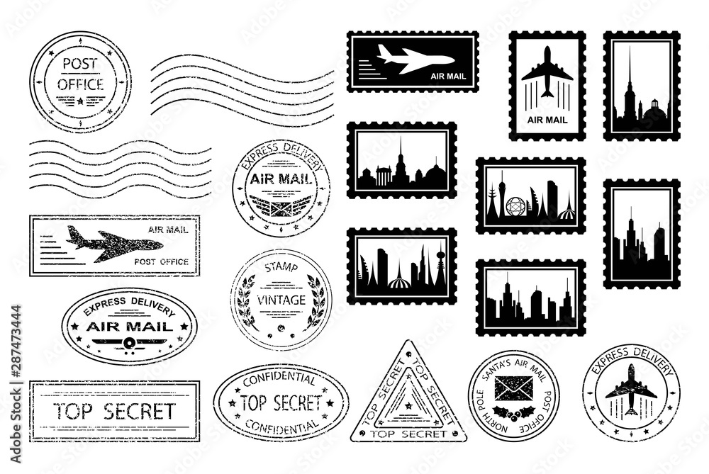 Postal stamps and postmarks. Set of various postmarks and postage stamps  with city silhouettes. Air mail, top secret, express delivery, post office.  Santa's Air Mail. Isolation. Vector illustration Stock Vector