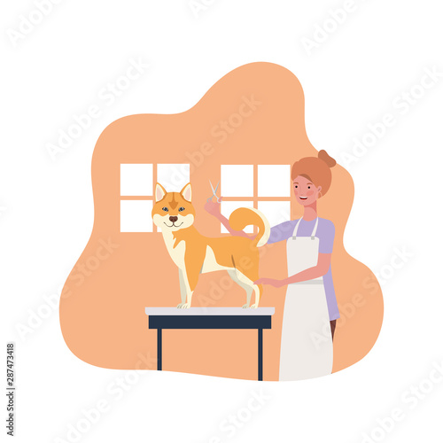 young woman with dog in pet groomer