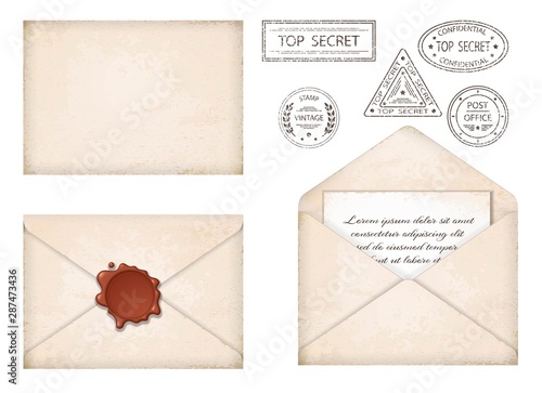 Vintage envelope. Letter with wax seal and stamps. Old grunge paper, stamps top secret. Old mail delivery. Retro style. Isolated. Vector illustration