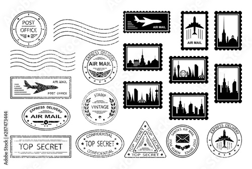 Postal stamps and postmarks. Set of various postmarks and postage stamps with city silhouettes. Air mail, top secret, express delivery, post office. Santa's Air Mail. Isolation. Vector illustration