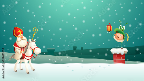 Saint Nicholas Sinterklaas and his companion put gifts down the chimney - turquoise winter night scene