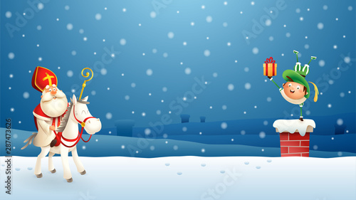 Saint Nicholas Sinterklaas and his companion put gifts down the chimney - blue winter night scene