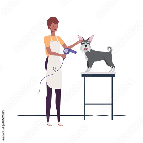 young woman with dog in pet groomer