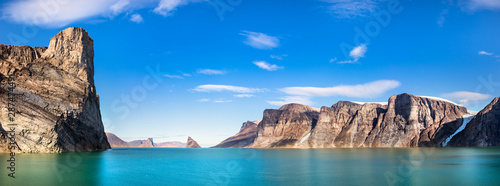 Panoramic view of the cliffs and mountains in Buchan Gulf, Baffin Island, Canada.