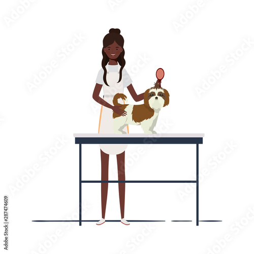 young woman combing a dog in pet groomer