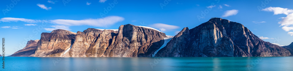 Panoramic view of the cliffs and mountains in Buchan Gulf, Baffin Island, Canada.