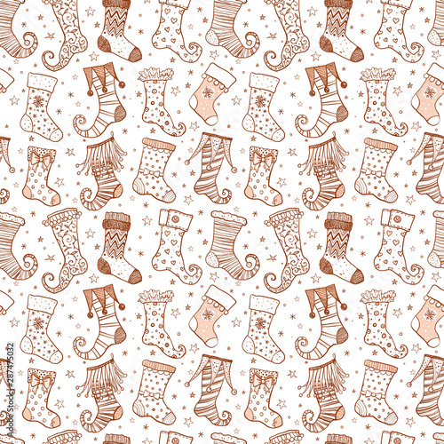 Seamless background with christmas gift socks in vintage style. Can be used for wallpaper, pattern fills, textile, web page background, surface textures.