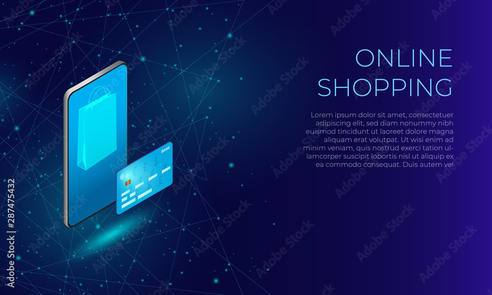 Blue polygonal online shopping user interface. Concept of mobile online payments.