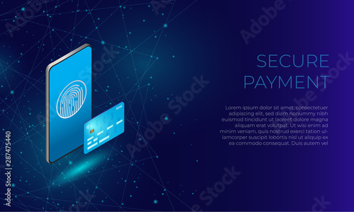Blue isometric phone with fingerprint and bank card as a concept of secure online payments and transactions in e-commerce and banking.