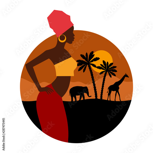 Beautiful african woman. Tropical landscape. African savannah card