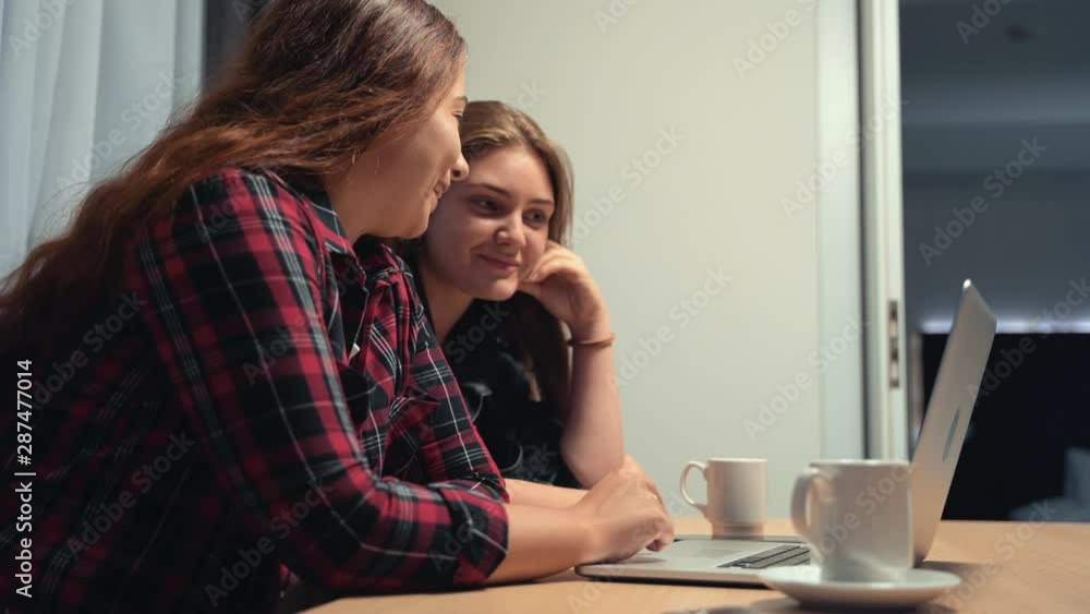 Two attractive young women at home with laptop, talking with each other and laughing. Friendship or female couple concept Two attractive young women at home with laptop, talking with each other and laughing. Friendship or female couple concept
