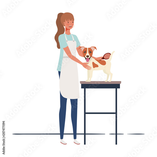 young woman with dog in pet groomer