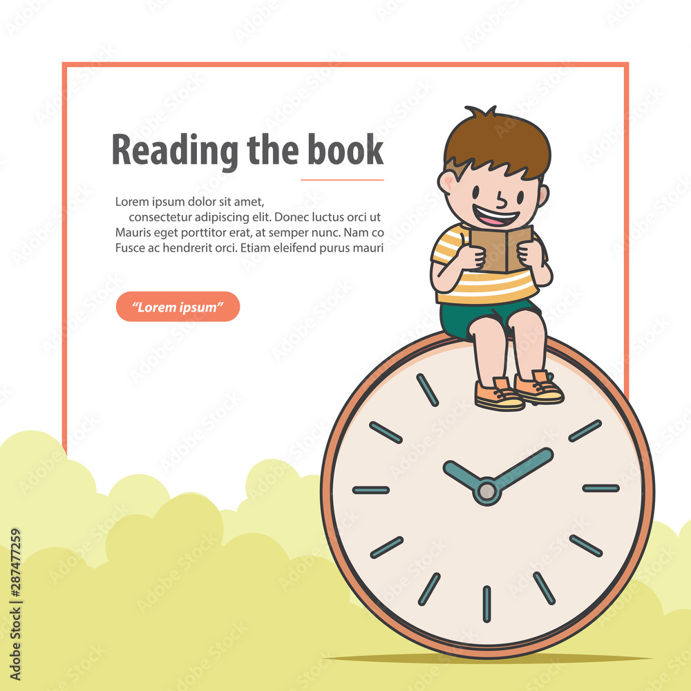 Banner the boy is reading and sitting on the clock with cloud illustration vector on white background. Education and study concept. Banner the boy is reading and sitting on the clock with cloud illustration vector on white background. Education and study concept.