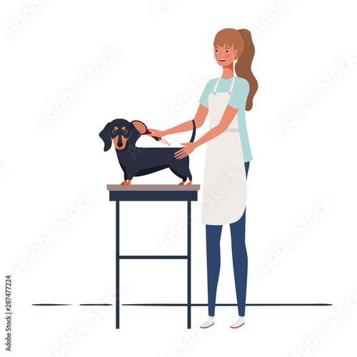 young woman combing a dog in pet groomer
