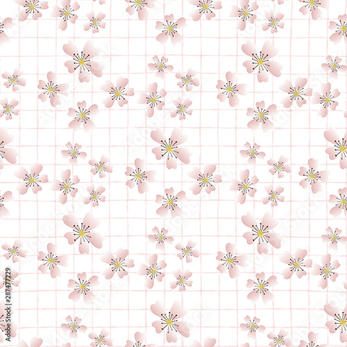 Hand drawn cherry blossom seamless pattern. Japanese spring style geo botanical on grid background. Soft pink neutral tones. All over print for asian home decor, fashion. Vector swatch repeat.