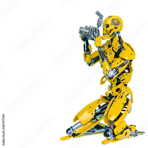 yellow bee android is takeing the picture doing a crouching pose