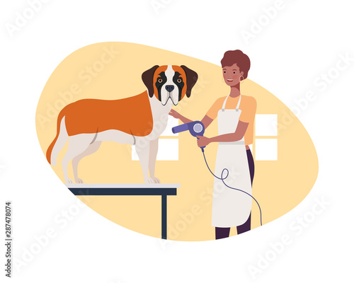 young woman with dog in pet groomer